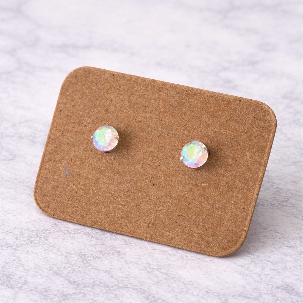 Iridescent Crystal Stud Earrings Flat Back Silver Minimal | NEW